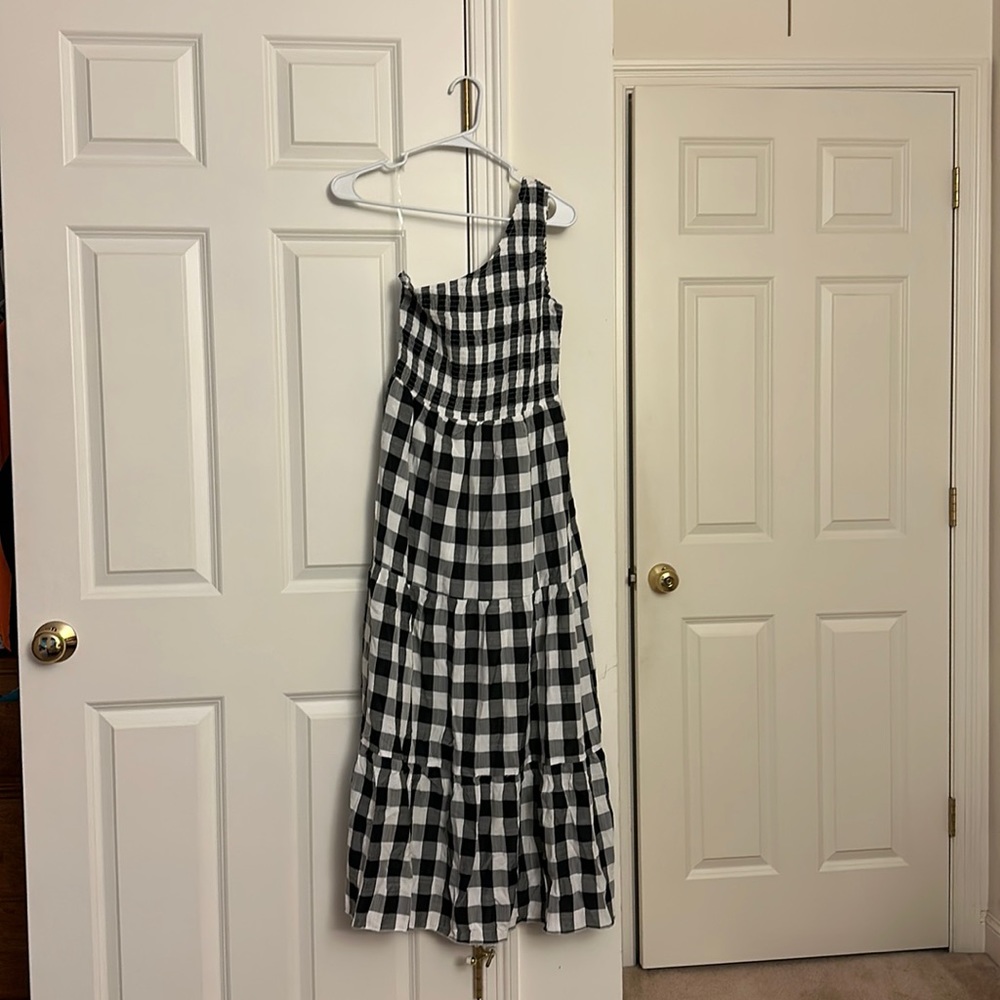 One Shouldered Black & White Checkered Maxi Dress